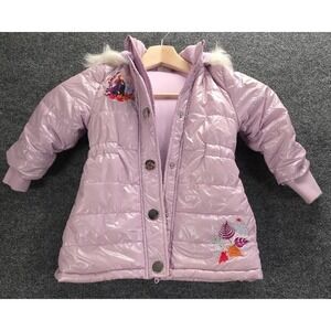 Disney Frozen Elsa Anna Purple Puffer Coat Jacket Fur Hood Kids Size 2